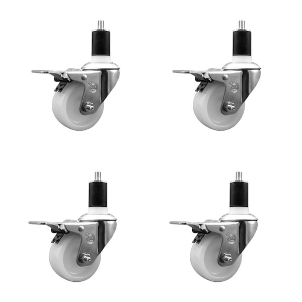 3'' SS Nylon Swivel 1-1/2'' Expanding Stem Caster Set Total Lock Brake, 4PK